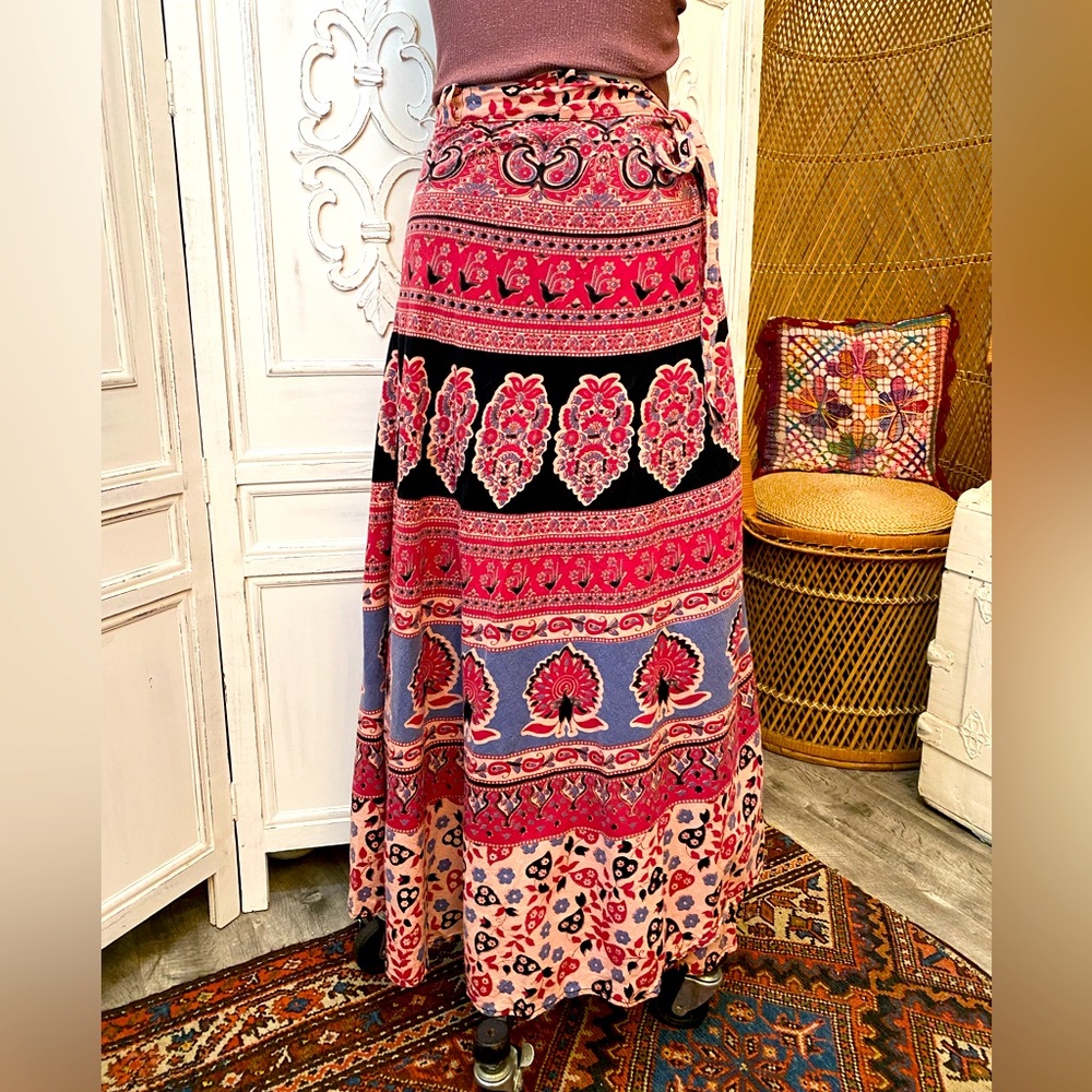 Vintage Indian Block Print Wrap Maxi Skirt Hippie Festival Boho Pink Peacock - Picture 2 of 11